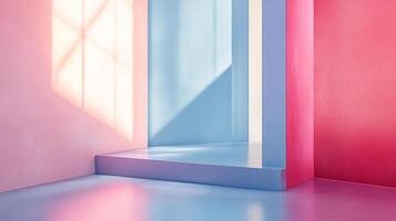 Geometric interior with pastel walls in shades of pink and blue, featuring soft shadows and a minimalist aesthetic. The light is soft and diffused. photo