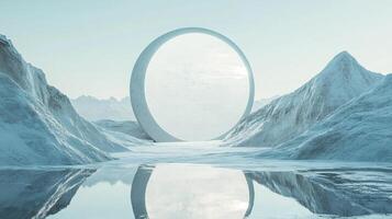Icy landscape with ring feature reflecting on water, surrounded by snow-covered mountains under a light blue sky. Peaceful abstract nature photo