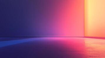 Gradient light studio background features a transition of deep blue to vibrant pink and warm yellow, casting vibrant reflections below. photo