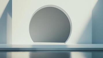 Minimalist architectural design featuring a circular opening against a stark white backdrop, accentuated by light and shadow interplay. photo