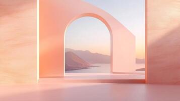Minimalist archway framing a scenic landscape, bathed in soft pastel light, offering a serene and abstract architectural view. photo