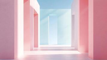 Architectural space featuring pastel pink walls and a light blue backdrop, creating a serene and minimalist design. photo
