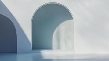 Minimalist architectural shot featuring arches and clean lines, bathed in sunlight creating shadows, perfect for design or abstract photography. photo