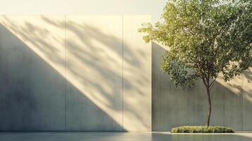 Concrete backdrop complemented by a graceful tree. The play of light and shadow adds depth to the composition. Serene architectural ambiance. photo