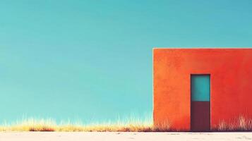 Minimalist art featuring a colorful building facade under a vibrant blue sky, capturing a sense of serene simplicity and architectural beauty. photo