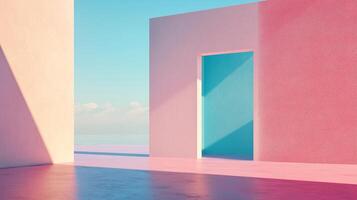 Abstract architecture with pink and blue walls. The composition features geometric shapes, shadows, and pastel colors against a serene sky. photo
