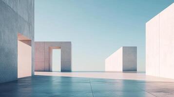 Architectural minimalism featuring concrete structures against a serene blue sky, creating a modern, minimalist scene with clean lines. photo
