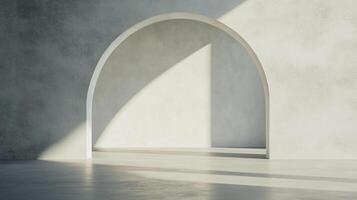 Minimalist architecture with an arched doorway bathed in sunlight, casting striking shadows on the textured concrete walls and floor. photo