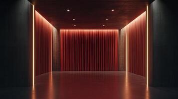 Modern architecture featuring a dramatic red curtain backdrop, illuminated by sleek, minimalist lighting within a concrete structure. photo