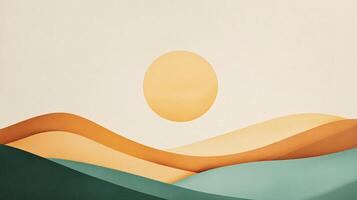 Layered landscape with rolling hills, minimalist color palette, and sun. Invokes feelings of tranquility, openness, and the beauty of simplicity. photo