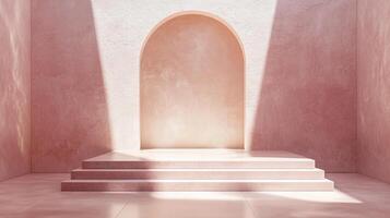 Minimalist pink space with soft light cascading down the arched wall. Three steps leading up to a platform. Perfect for presentation. photo