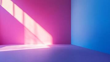 A pink, blue, and purple room is brightly illuminated by a cascade of sunlight streaming in from a window, creating a vibrant color palette. photo