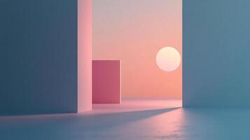 Geometric shapes meet soft light in an abstract composition. The setting sun casts shadows in serene space, blurring lines in the scene. photo