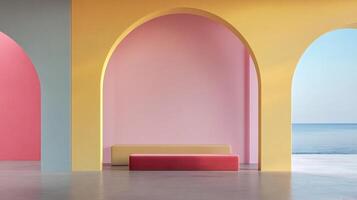 Arched doorways open to the seaside. Two benches sit within the pink room, creating a serene scene with vibrant color blocks. photo