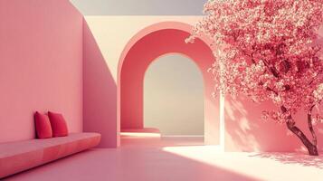 Abstract pink architecture with floral tree. Serene space blending indoors and outdoors, inviting reflection and appreciation of simplicity. photo