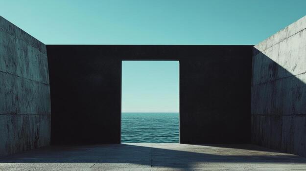 hormigón estructura enmarcado un sereno Oceano ver debajo un claro cielo, creando un rígido aún pacífico yuxtaposición. minimalista arquitectura. foto