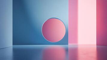 A minimalist scene featuring geometric shapes in pastel blue and pink, creating a serene and abstract composition with interesting lighting. photo