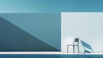 Minimalist chair against a blue wall, bathed in light. Solitary seat in stark, modern setting, casting angular shadows, evoking simplicity. photo