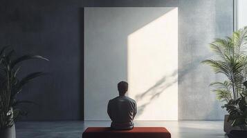 Man sits in minimalist space, contemplating a blank canvas in the light. Serene moment of introspection and artistic inspiration. photo