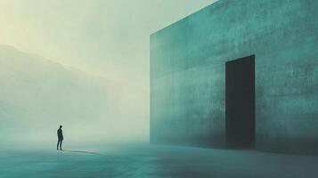 Solitary figure contemplating a monolithic structure, shrouded in mist, evoking themes of isolation and the unknown. Vastness of space. photo
