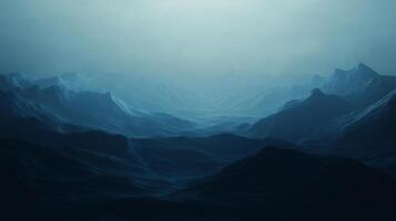 A serene vista showcases an expansive range of mountains, bathed in a cool, blue monochrome palette, creating an otherworldly atmosphere. photo
