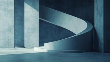 An abstract composition featuring a modern curved staircase bathed in light within a minimalist concrete space, creating a serene atmosphere. photo