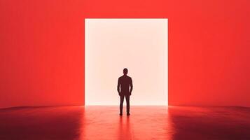 A solitary figure silhouetted against a glowing doorway, creating a stark contrast between shadow and light in a red-toned space. photo