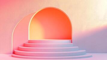 A pastel colored platform with an arched entrance provides a minimalist design, perfect for showcasing products or adding artistic flair. photo
