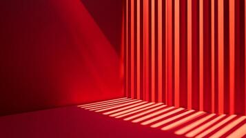 Geometric red room with light and shadows, creating a striking visual pattern on the wall and floor. Minimalistic and visually appealing. photo