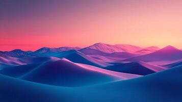 Dreamlike desert landscape with blue sand dunes and a soft pink sky. A tranquil scene, perfect for adding a touch of serenity to any space. photo