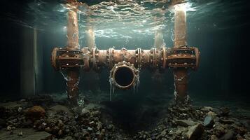 A pipe under water with a light shining through it photo