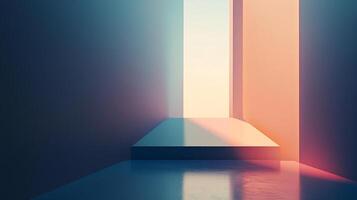 Abstract room with geometric platform illuminated by a gradient of light, casting shadows and creating a sense of minimalist serenity. photo