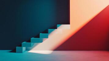 Modern staircase design with blue steps against a black wall, illuminated by contrasting orange-red light, creating a bold, geometric aesthetic. photo