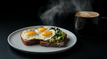 A plate with toast and eggs on it next to a cup of coffee photo