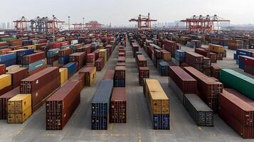 A large number of containers stacked in a large yard photo