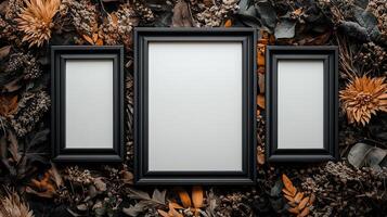 Three empty frames on a wall with flowers photo