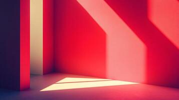 An abstract, high-contrast interior space with a deep red wall illuminated by bright, geometric shafts of light that play across the surface. photo