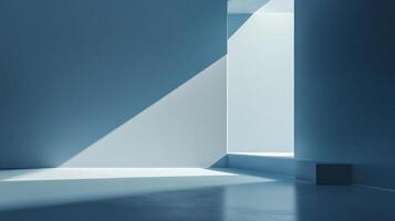 A modern architectural space is illuminated with bright sunlight casting sharp shadows across the walls and floor, creating a minimalist aesthetic. photo