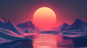 Vaporwave style landscape with towering peaks reflected in water under a setting sun casting warm colors. The terrain is rendered digitally. photo