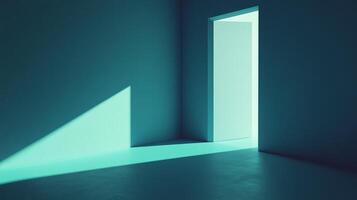 Illuminated doorway beckons within a teal room, casting geometric shadows on floor. An open invitation into an abstract space. photo