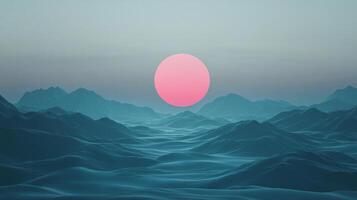 Surreal landscape with gentle mountains under a pink sun, creating a peaceful and otherworldly ambiance. Serene color palette. photo