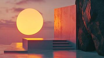 Abstract showcase with a radiant yellow circle illuminating concrete steps, platform, and a textured wall against a pastel sky backdrop. photo