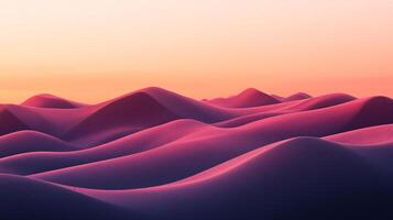 A captivating sunset over the surreal pink desert, creating an atmosphere of peace and wonder. The dunes stretch out in abstract waves. photo