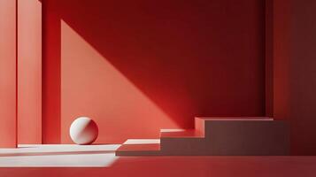Minimalist composition of a red geometrical space. It features a sphere, stairs and dramatic light creating contrast and depth. photo