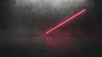 A stark concrete scene is pierced by a single, bright red neon line cutting through the darkness, casting a moody, diffused glow. photo