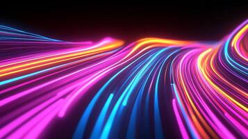 Vibrant light trails create a dynamic and energetic abstract composition on a dark background, evoking movement and innovation. photo