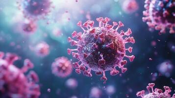 Detailed depiction of pathogenic microorganism reveals intricate molecular structure in pink against a blurred, colorful background. photo