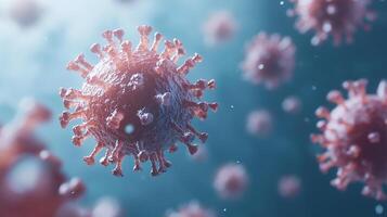 Detailed microscopic view of a virus, its spiky surface illuminated against a blurred blue background, showing its complex structure. photo