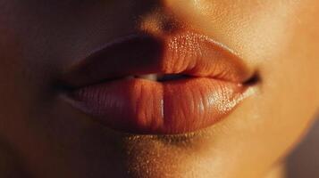 Close-up of full lips, highlighted with light and shadow, showcasing texture and color variation, creating a sensual, yet natural aesthetic. photo