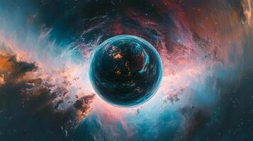 A cosmic sphere glows amidst a vibrant nebula, showcasing celestial beauty and astronomical wonder. A mesmerizing view into the deep universe. photo